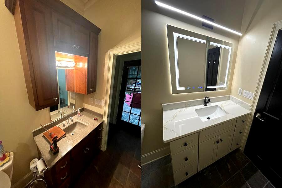 Bathroom vanity before and after an Only Solutions renovation