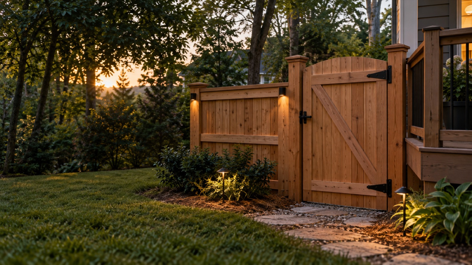 A coordinated gate and privacy feature for an outdoor space