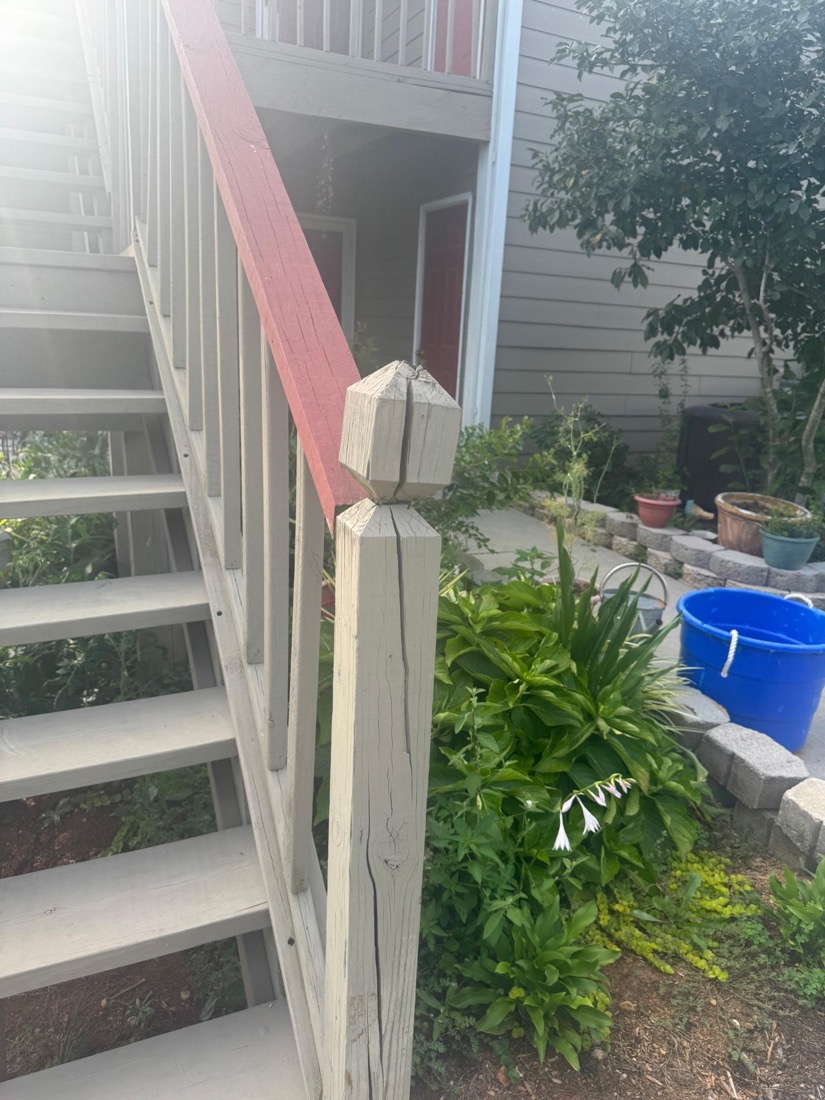 Wide project photo showing the full exterior stair and railing area
